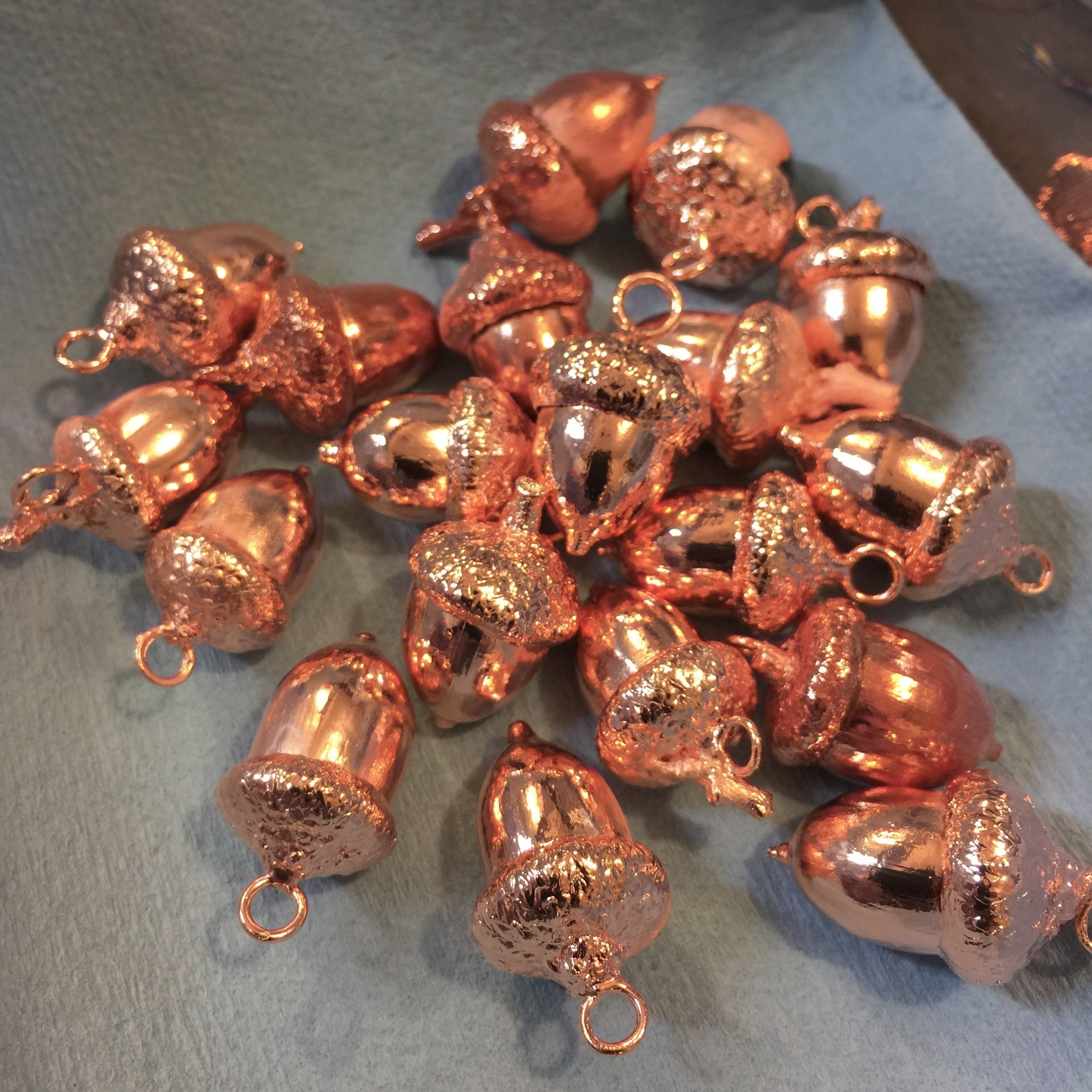 Copper Electroformed Acorns made by artist Enchanted Leaves to how how using their conductive paint, electroforming solution, and MiniForm power supply provide great and shiny results right out of the electroforming tank.