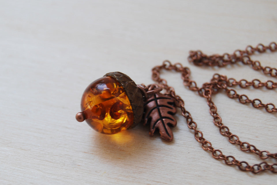 Amber and Copper Acorn Necklace | Nature Jewelry | Fall Acorn Charm Necklace - Enchanted Leaves - Nature Jewelry - Unique Handmade Gifts