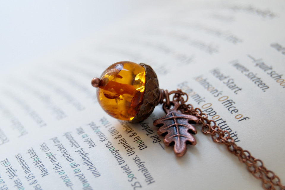 Amber and Copper Acorn Necklace | Nature Jewelry | Fall Acorn Charm Necklace - Enchanted Leaves - Nature Jewelry - Unique Handmade Gifts