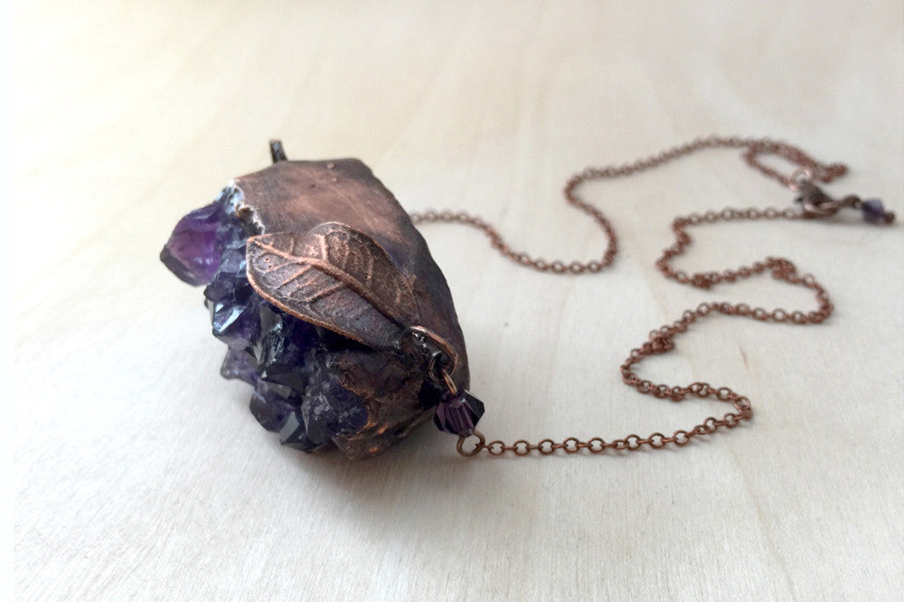 Large Amethyst Crystal and Guava Leaf Necklace | Electroformed Crystal Pendant | Amethyst Necklace - Enchanted Leaves - Nature Jewelry - Unique Handmade Gifts