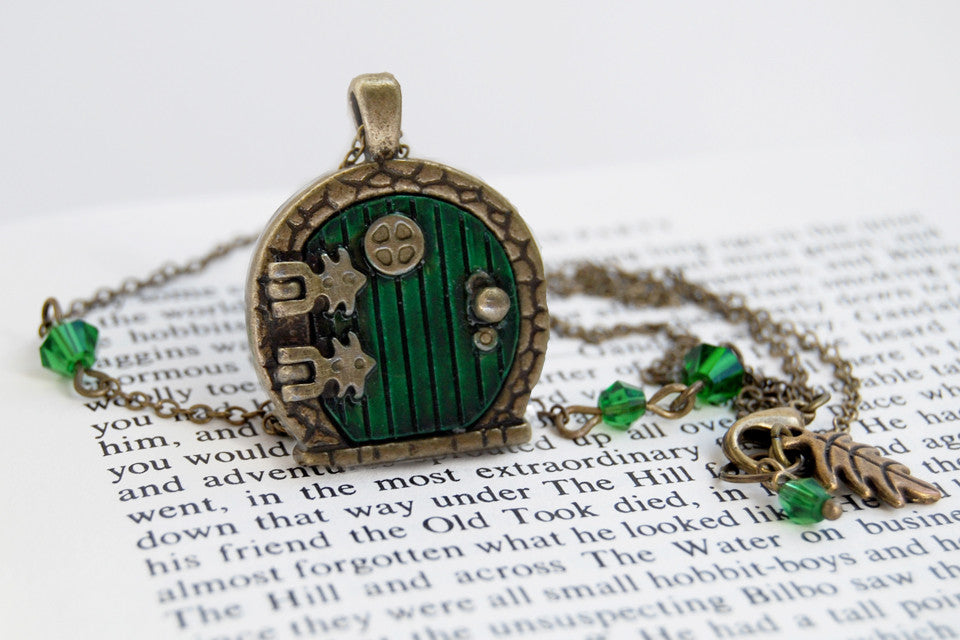 Brass Bag End Hobbit Door Locket | Lord of the Rings Jewelry | Green Hobbit Door Necklace - Enchanted Leaves - Nature Jewelry - Unique Handmade Gifts