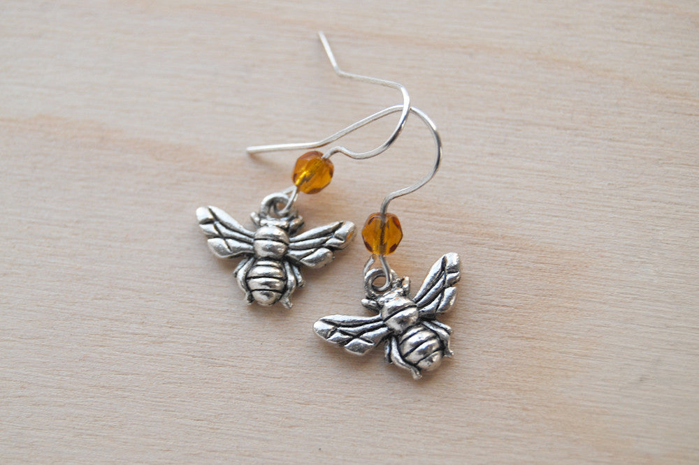 Tiny Silver Bee Earrings - Enchanted Leaves - Nature Jewelry - Unique Handmade Gifts