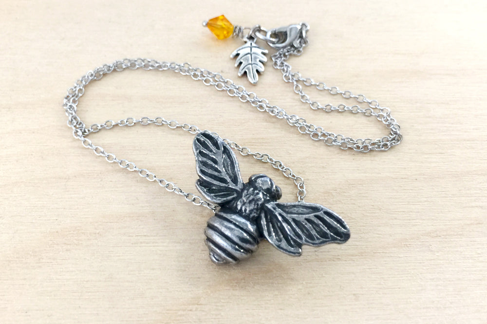Big Bumble Bee Necklace | Cute Pewter Honey Bee Charm Necklace | Large Bee Pendant - Enchanted Leaves - Nature Jewelry - Unique Handmade Gifts