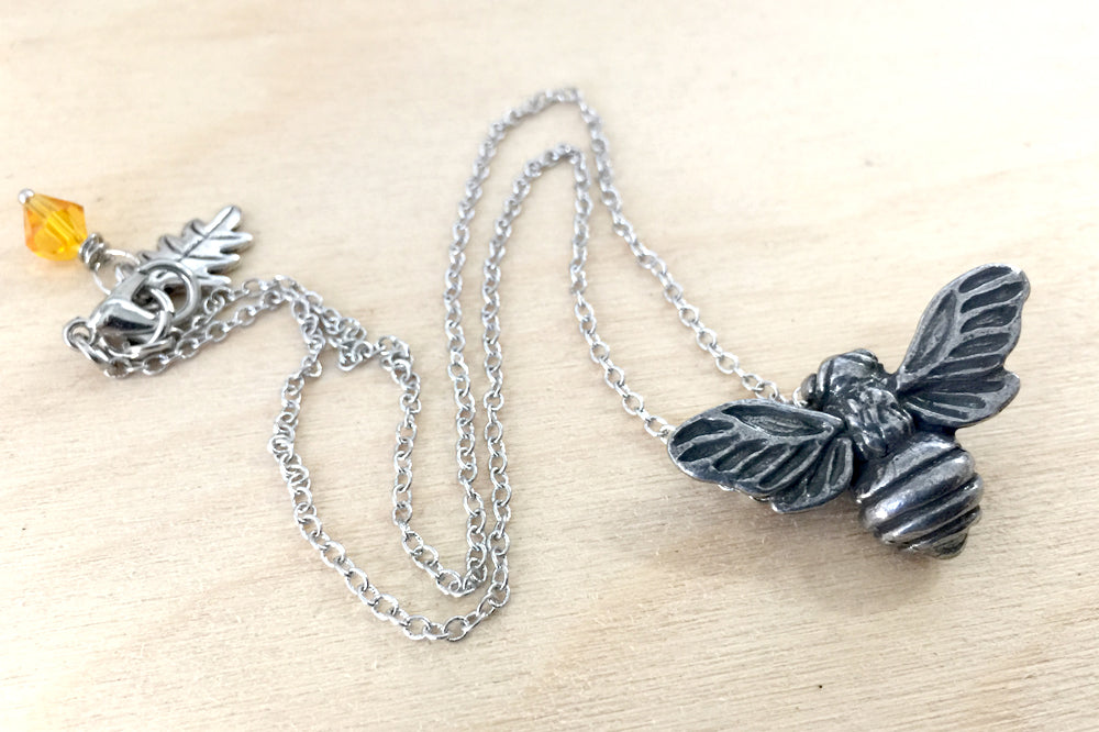 Big Bumble Bee Necklace | Cute Pewter Honey Bee Charm Necklace | Large Bee Pendant - Enchanted Leaves - Nature Jewelry - Unique Handmade Gifts