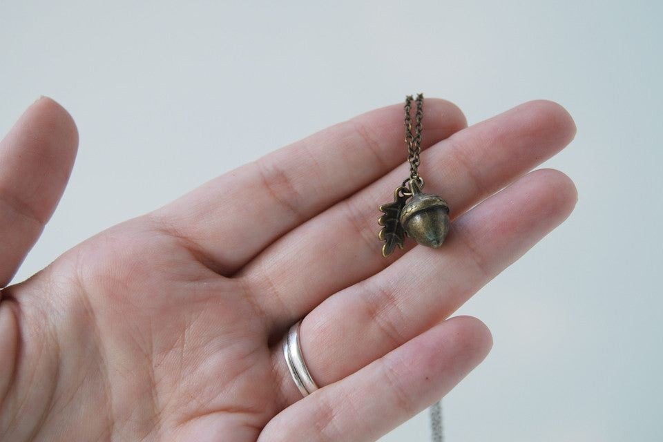 Brass Acorn Charm Necklace | Cute Acorn Charm Necklace | Fall Acorn Jewelry | Woodland Acorn - Enchanted Leaves - Nature Jewelry - Unique Handmade Gifts