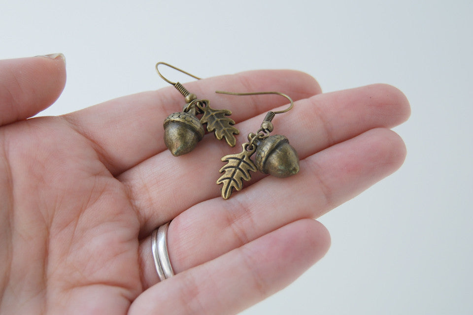Brass Acorn Charm Earrings | Fall Acorn | Nature Jewelry | Woodland Acorn Earrings - Enchanted Leaves - Nature Jewelry - Unique Handmade Gifts
