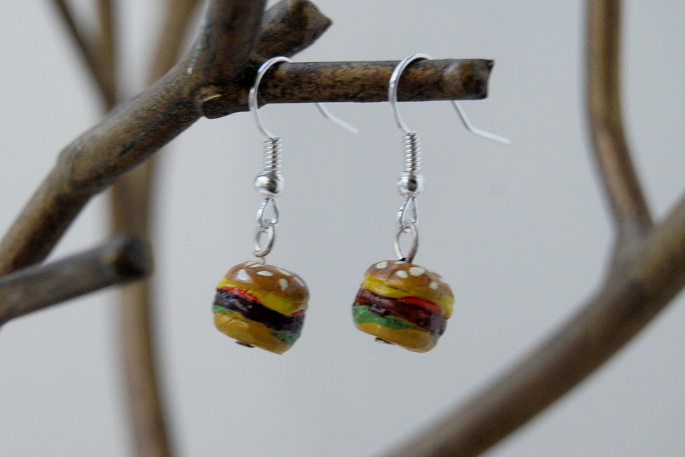 Itty Bitty Burger Earrings | Hamburger Earrings | Cute Burger Charm Earrings - Enchanted Leaves - Nature Jewelry - Unique Handmade Gifts
