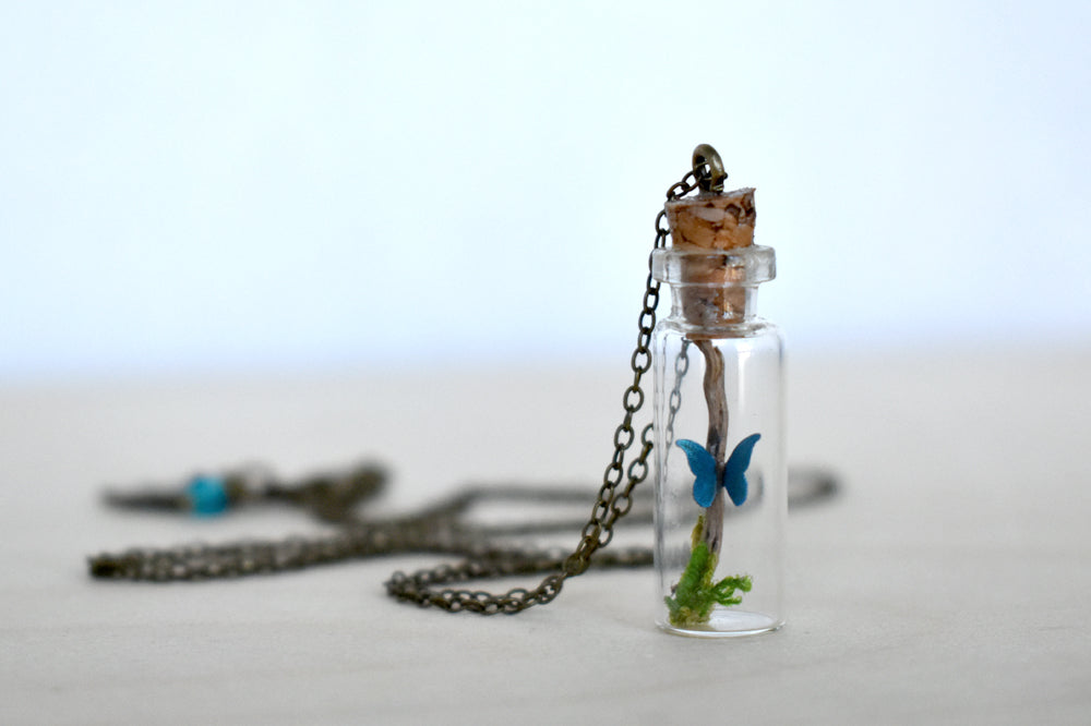 Butterfly Bottle Terrarium | Cute Mini Blue Morpho Butterfly Forest Necklace - Enchanted Leaves - Nature Jewelry - Unique Handmade Gifts
