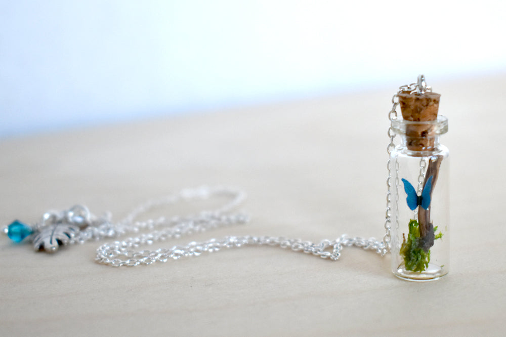 Butterfly Bottle Terrarium | Cute Mini Blue Morpho Butterfly Forest Necklace - Enchanted Leaves - Nature Jewelry - Unique Handmade Gifts
