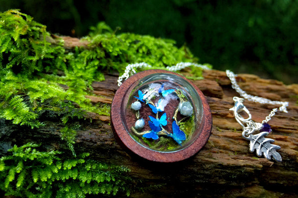 Butterfly Forest Terrarium Necklace | Blue Butterfly | Whimsical Butterfly Necklace - Enchanted Leaves - Nature Jewelry - Unique Handmade Gifts