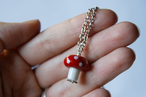 Red Ceramic Mushroom Necklace | Red Mushroom Charm Necklace | Forest Toadstool - Enchanted Leaves - Nature Jewelry - Unique Handmade Gifts