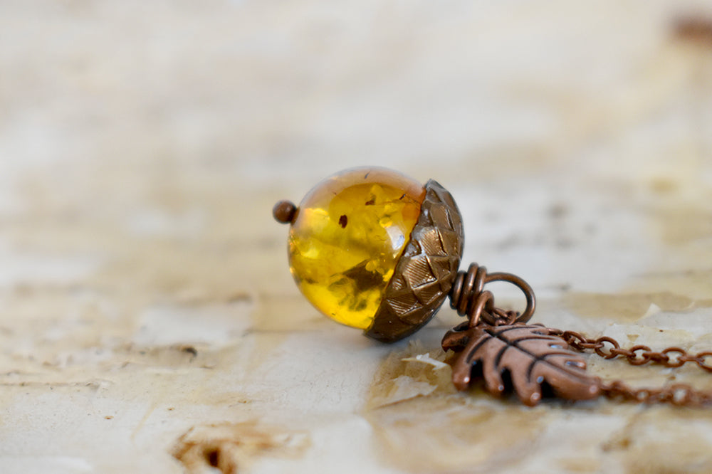 Baltic Amber and Copper Acorn Necklace | Real Amber Necklace | Nature Jewelry | Fall Amber Acorn - Enchanted Leaves - Nature Jewelry - Unique Handmade Gifts