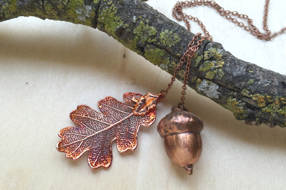 Real Acorn and Oak Leaf Lariat | Copper Electroformed Leaf & Acorn Necklace | Fall Nature Jewelry - Enchanted Leaves - Nature Jewelry - Unique Handmade Gifts