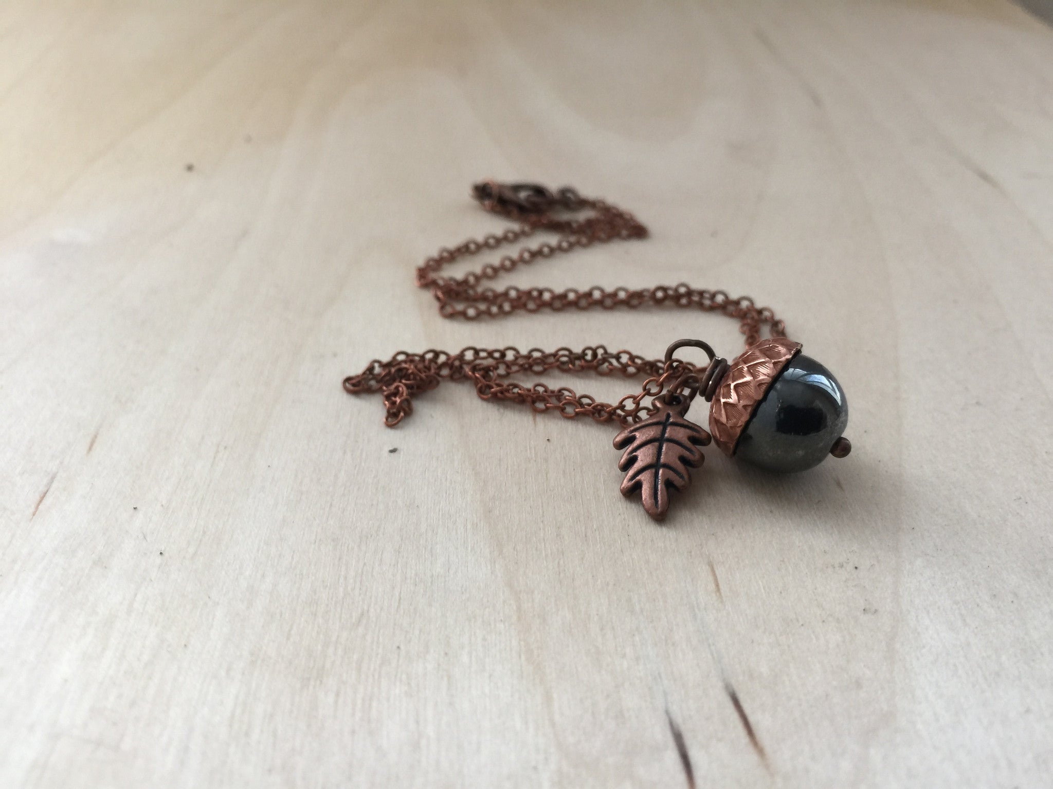 Hematite & Copper Acorn Necklace | Cute Nature Acorn Charm Necklace | Woodland Nature Jewelry Acorn - Enchanted Leaves - Nature Jewelry - Unique Handmade Gifts
