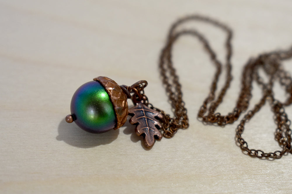 Copper Beetle Magic Acorn Necklace | Iridescent Rainbow Green Acorn Pendant | Forest Nature Jewelry - Enchanted Leaves - Nature Jewelry - Unique Handmade Gifts