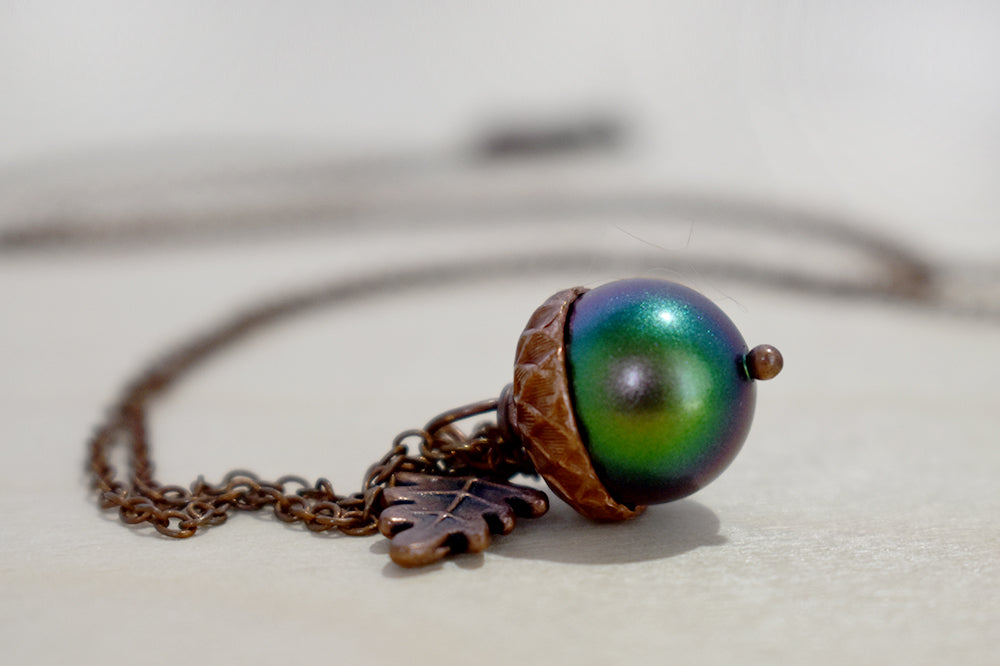 Copper Beetle Magic Acorn Necklace | Iridescent Rainbow Green Acorn Pe –  Enchanted Leaves