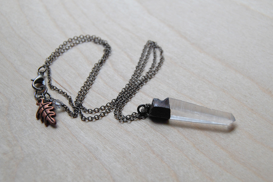 Antiqued Crystal Quartz Necklace | Electroformed Pendant | Crystal Quartz Necklace - Enchanted Leaves - Nature Jewelry - Unique Handmade Gifts