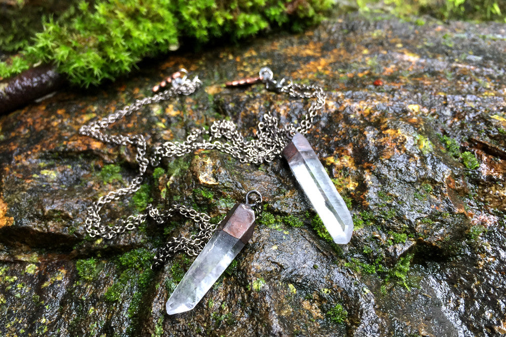 Antiqued Crystal Quartz Necklace | Electroformed Pendant | Crystal Quartz Necklace - Enchanted Leaves - Nature Jewelry - Unique Handmade Gifts