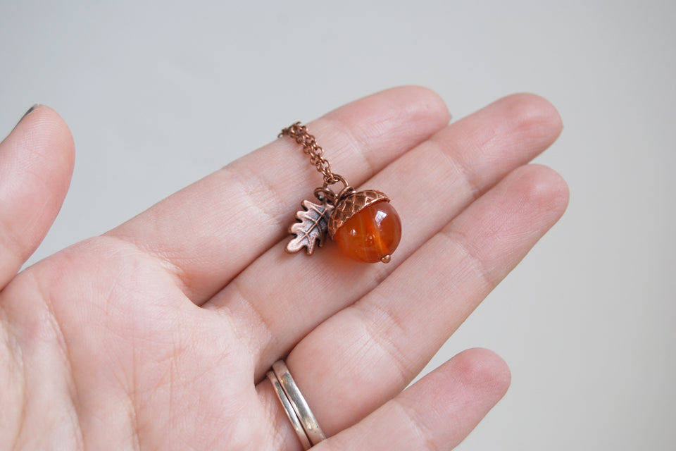 Carnelian and Copper Acorn Necklace | Gemstone Acorn Charm Necklace | Cute Autumn Necklace | Nature Jewelry - Enchanted Leaves - Nature Jewelry - Unique Handmade Gifts
