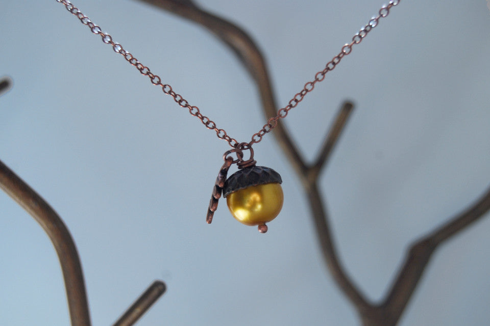 Copper & Golden Pearl Acorn Necklace | Fall Nature Jewelry | Woodland Gold Acorn Charm Necklace - Enchanted Leaves - Nature Jewelry - Unique Handmade Gifts