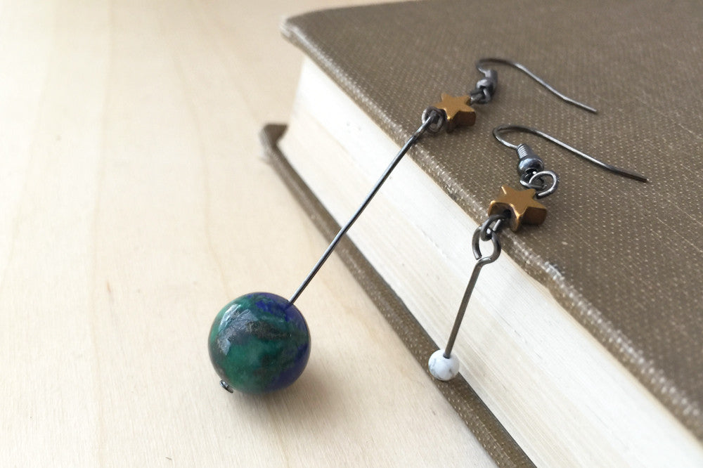 Earth & Moon Earrings | Gemstone Space Planet Earrings | Unique Science Charm Earrings - Enchanted Leaves - Nature Jewelry - Unique Handmade Gifts