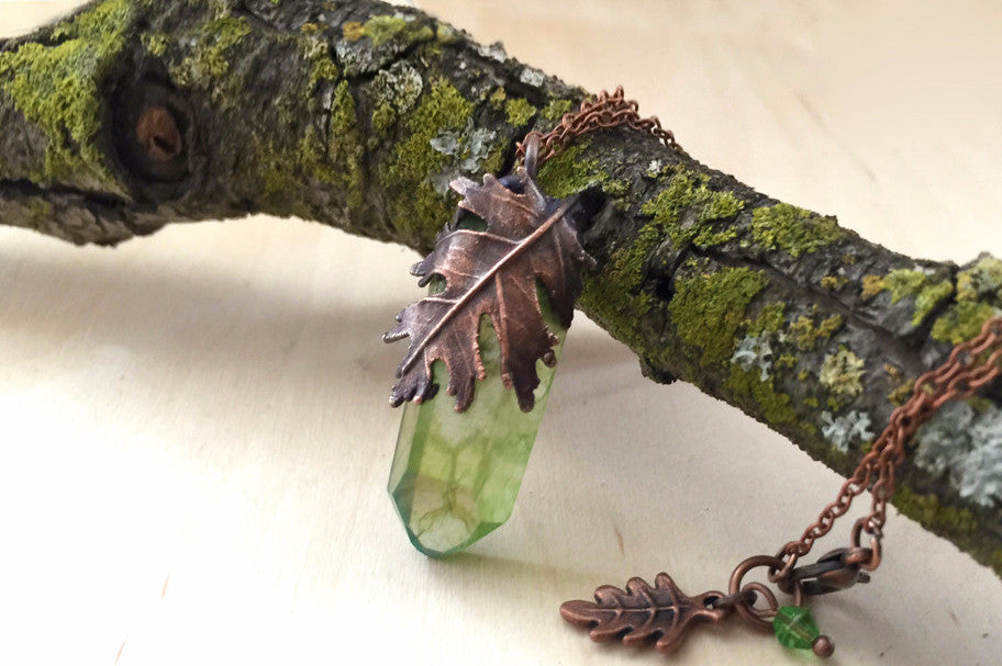 Oak Forest Crystal Necklace | Electroformed Crystal | Green Crystal Nature Jewelry - Enchanted Leaves - Nature Jewelry - Unique Handmade Gifts