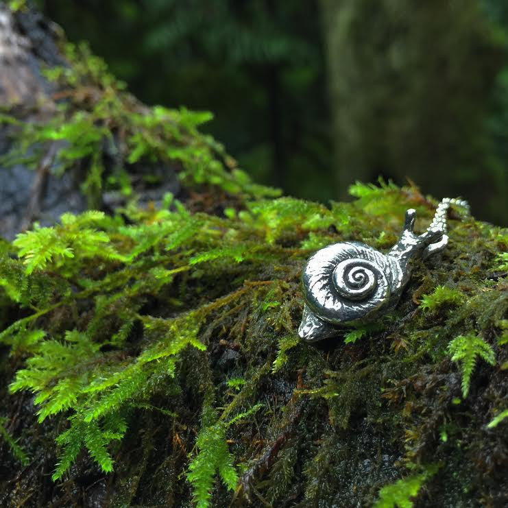 Large Forest Snail Necklace | Silver Snail Charm Necklace | Cute Woodland Snail Pendant - Enchanted Leaves - Nature Jewelry - Unique Handmade Gifts
