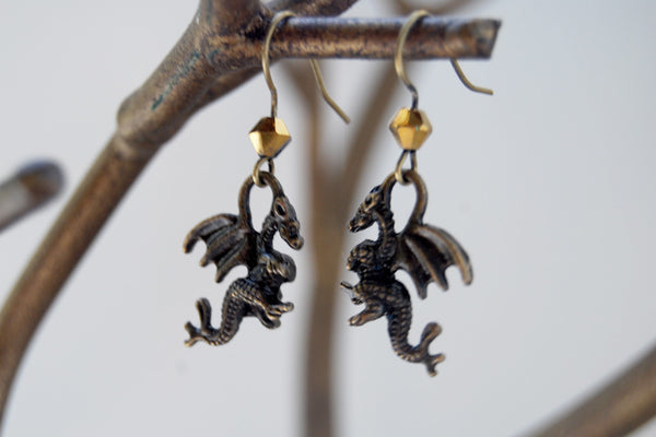Dragon Earrings | Brass Dragon Charm Earrings | Fantasy Jewelry - Enchanted Leaves - Nature Jewelry - Unique Handmade Gifts