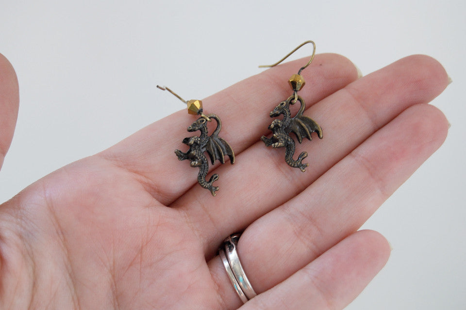 Dragon Earrings | Brass Dragon Charm Earrings | Fantasy Jewelry - Enchanted Leaves - Nature Jewelry - Unique Handmade Gifts