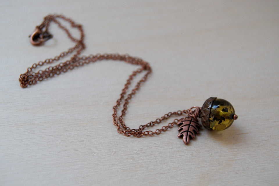 Copper & Green Amber Acorn Necklace | Fall Nature Jewelry | Woodland Gemstone Acorn Charm Necklace - Enchanted Leaves - Nature Jewelry - Unique Handmade Gifts