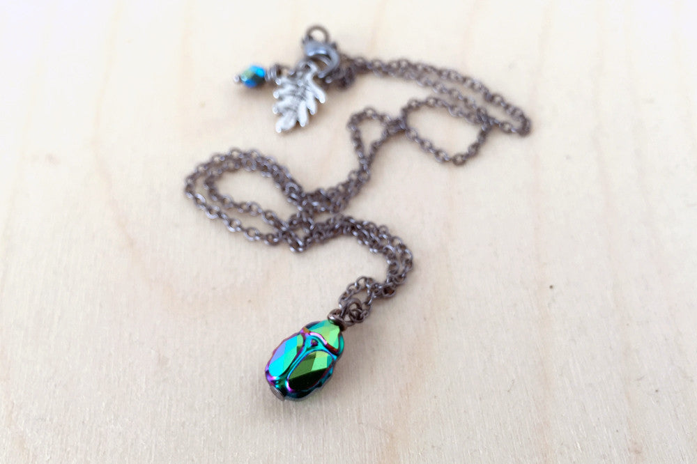 Iridescent Green Beetle Necklace | Cute Insect Charm Necklace | Nature Jewelry - Enchanted Leaves - Nature Jewelry - Unique Handmade Gifts