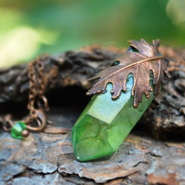 Oak Forest Crystal Necklace | Electroformed Crystal | Green Crystal Nature Jewelry