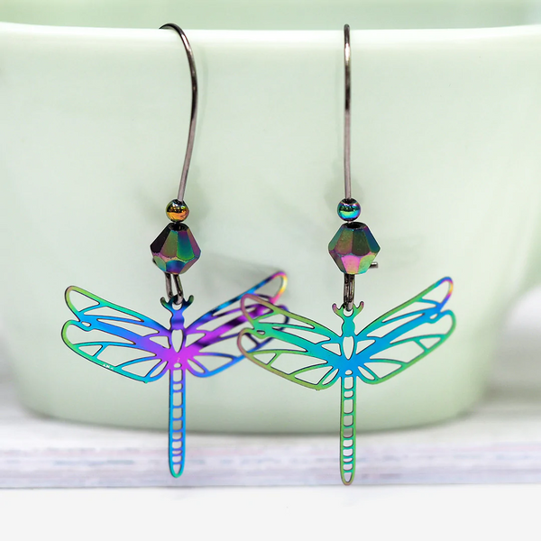 Damselfly Earrings | Iridescent Rainbow Damselfly Dragonfly Charm Earrings | Forest Jewelry