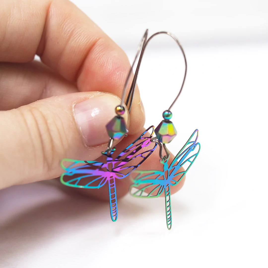 Damselfly Earrings | Iridescent Rainbow Damselfly Dragonfly Charm Earrings | Forest Jewelry