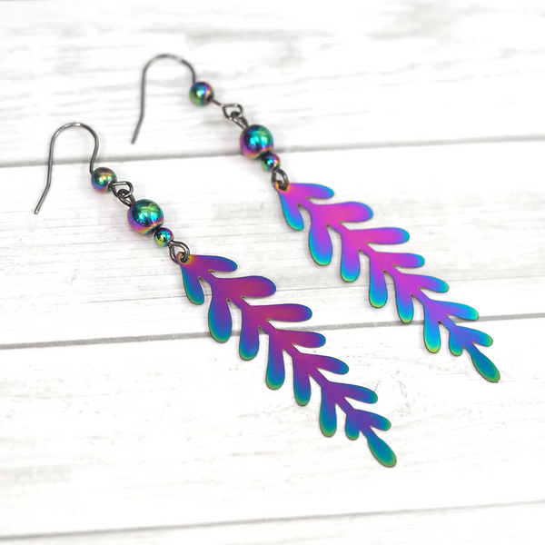 Iridescent Fern Earrings | Rainbow Forest Leaf Charm Earrings | Magic Colorful Ferns