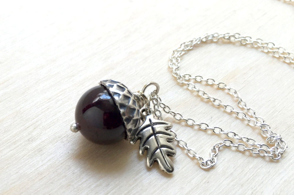 Birthstone Acorn Necklace- Your Choice of Month | Birthstone Jewelry | Gemstone Acorn Charm Necklace