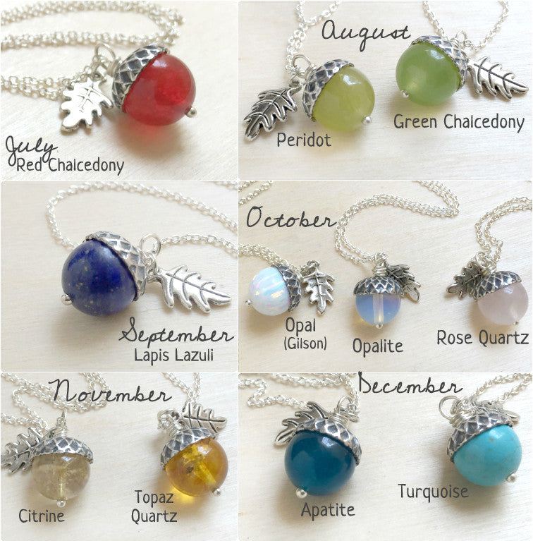Birthstone Acorn Necklace- Your Choice of Month | Birthstone Jewelry | Gemstone Acorn Charm Necklace - Enchanted Leaves - Nature Jewelry - Unique Handmade Gifts