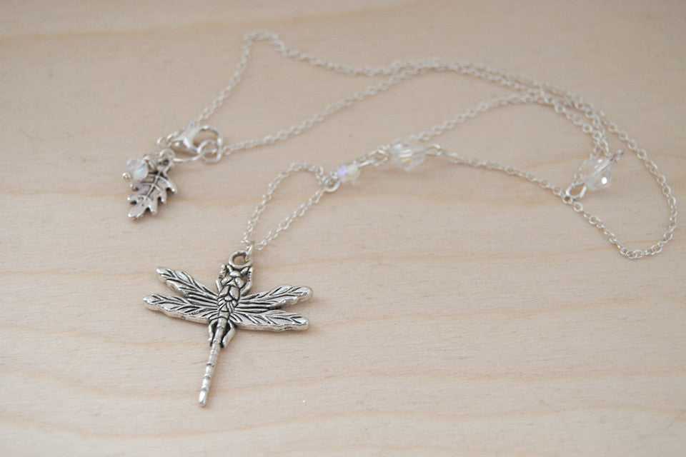Large Silver Dragonfly Necklace | Dragonfly Charm Necklace | Cute Insect Jewelry - Enchanted Leaves - Nature Jewelry - Unique Handmade Gifts