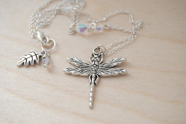 Large Silver Dragonfly Necklace | Dragonfly Charm Necklace | Cute Insect Jewelry - Enchanted Leaves - Nature Jewelry - Unique Handmade Gifts