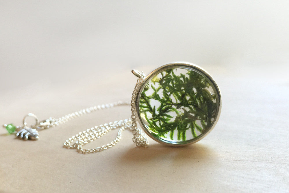 Moss World | Glass Moss Forest Necklace | Woodland Green Moss Charm Necklace - Enchanted Leaves - Nature Jewelry - Unique Handmade Gifts