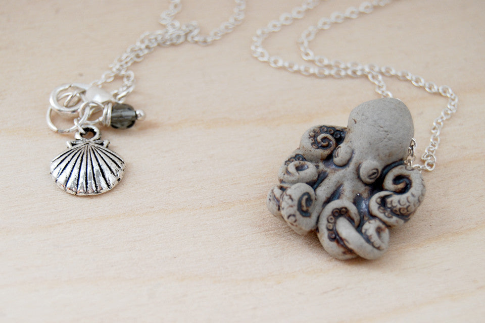 Grey Octopus Necklace | Handmade Ceramic Octopus Pendant | Nautical Jewelry - Enchanted Leaves - Nature Jewelry - Unique Handmade Gifts