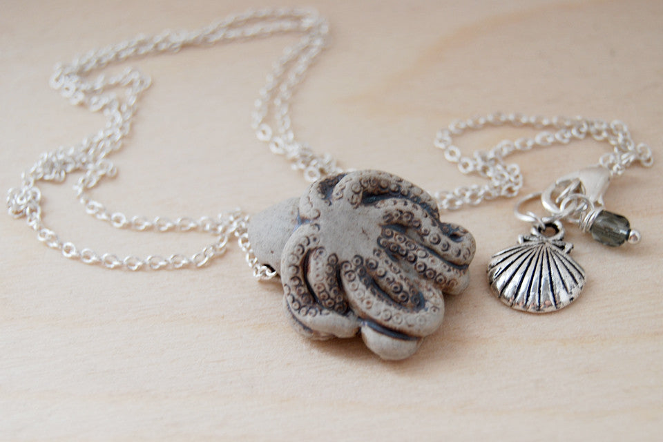 Grey Octopus Necklace | Handmade Ceramic Octopus Pendant | Nautical Jewelry - Enchanted Leaves - Nature Jewelry - Unique Handmade Gifts