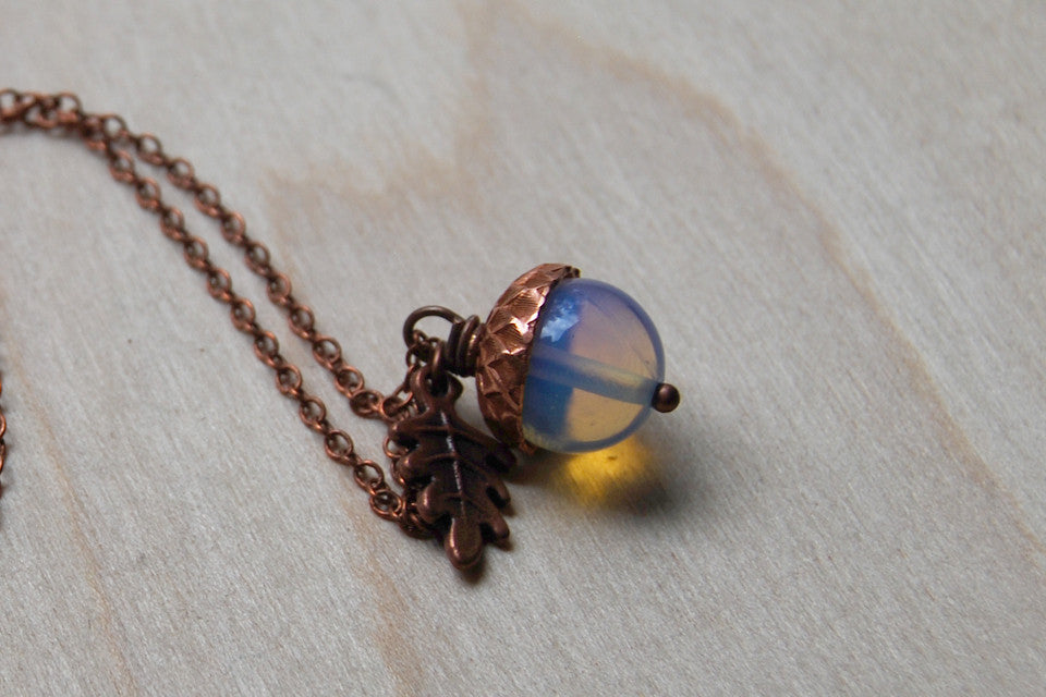 Opal & Copper Acorn Necklace | Nature Jewelry | Opalite Gemstone Acorn | Fall Acorn Charm Necklace - Enchanted Leaves - Nature Jewelry - Unique Handmade Gifts