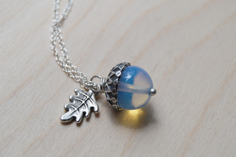 Opal & Silver Acorn Necklace | Nature Jewelry | Opalite Gemstone Acorn | Fall Acorn Charm Necklace - Enchanted Leaves - Nature Jewelry - Unique Handmade Gifts