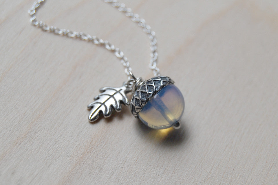 Opal & Silver Acorn Necklace | Nature Jewelry | Opalite Gemstone Acorn | Fall Acorn Charm Necklace - Enchanted Leaves - Nature Jewelry - Unique Handmade Gifts