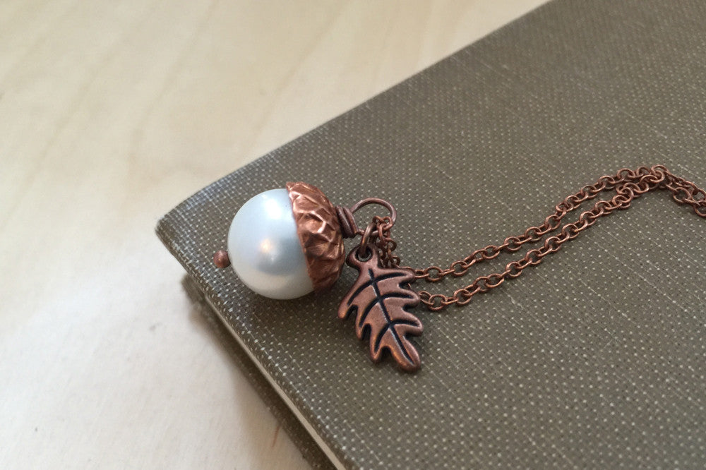 Snow and Copper Pearl Acorn Necklace | Cute Nature Acorn Charm Necklace | Fall Acorn Necklace | Woodland Acorn | Nature Jewelry - Enchanted Leaves - Nature Jewelry - Unique Handmade Gifts