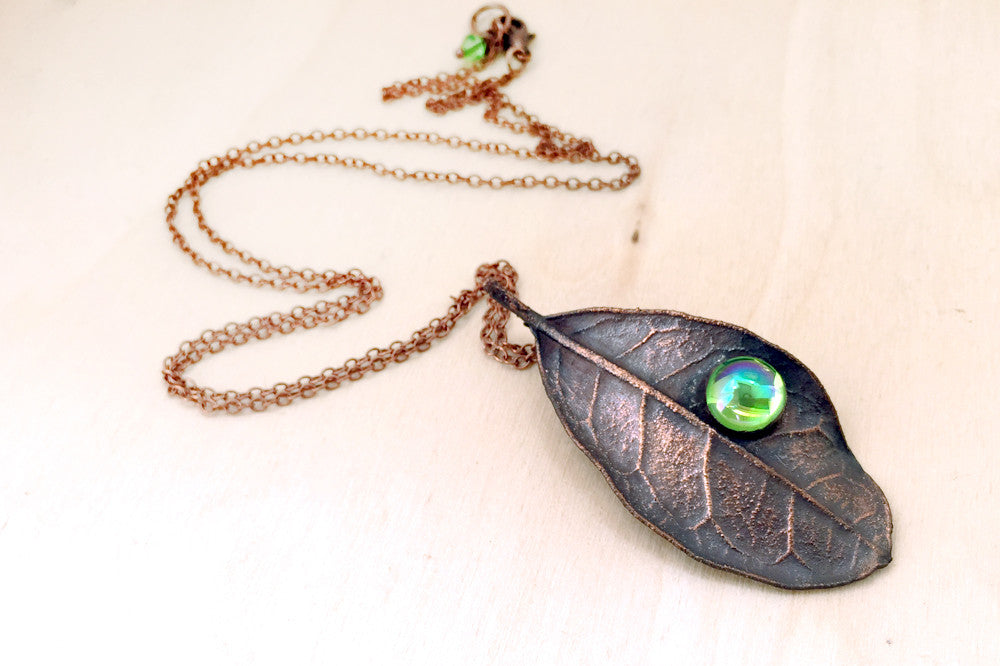 Peridot and Copper Guava Leaf Necklace | Electroformed Leaf Jewelry | Forest Necklace - Enchanted Leaves - Nature Jewelry - Unique Handmade Gifts
