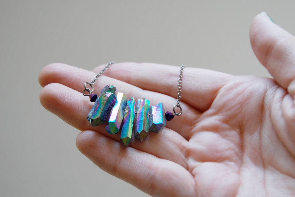 Rainbow Aura Crystal Point Bib Necklace | Titanium Crystal Necklace | Crystal Point Jewelry - Enchanted Leaves - Nature Jewelry - Unique Handmade Gifts
