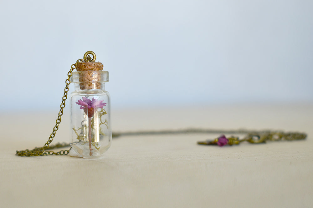 Star Daisy Flower Bottle Terrarium | Glass Garden Bottle Necklace | Nature Flower Jewelry - Enchanted Leaves - Nature Jewelry - Unique Handmade Gifts