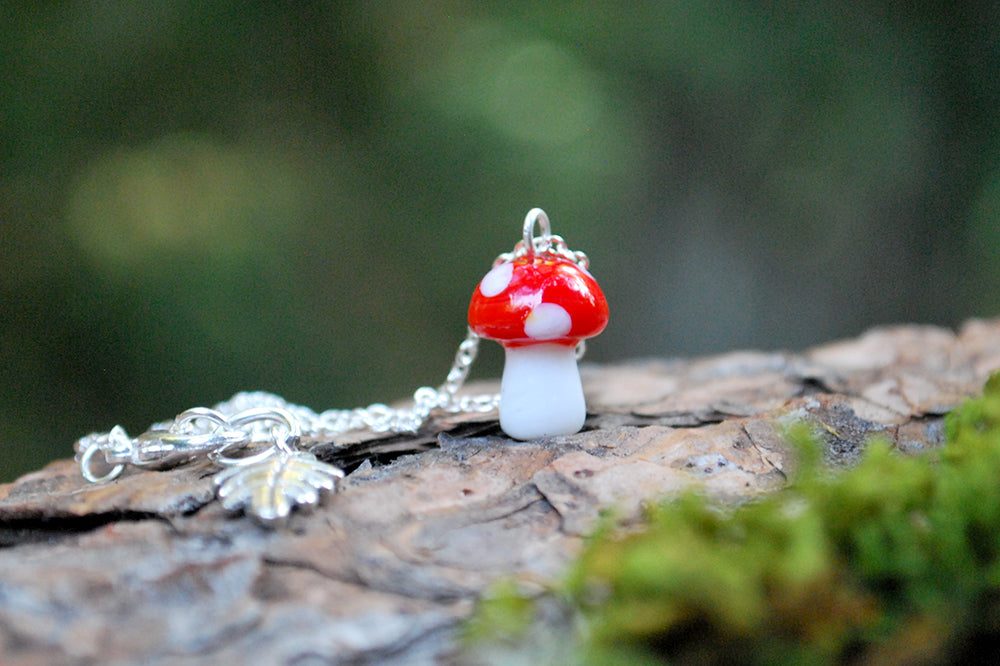 Woodland Forest Mushroom Necklace | Cute Red Glass Toadstool Charm Necklace | Glass Mushroom Jewelry - Enchanted Leaves - Nature Jewelry - Unique Handmade Gifts